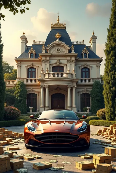 A mansion and in front of it is a car and a lot of money 