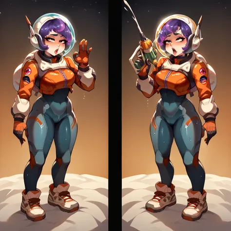 character design style, juno (overwatch), two different views,,jn0,1girl,purple hair,short hair,space helmet,spacesuit,jetpack,g...