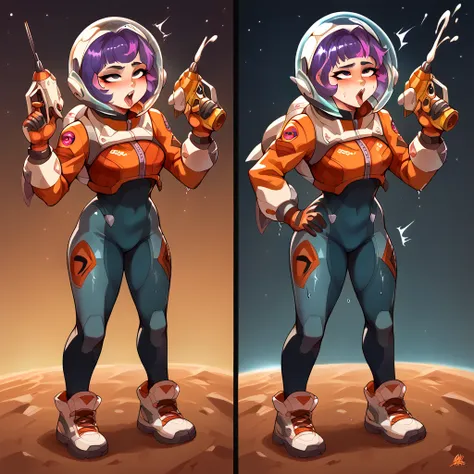 character design style, juno (overwatch), two different views,,jn0,1girl,purple hair,short hair,space helmet,spacesuit,jetpack,g...