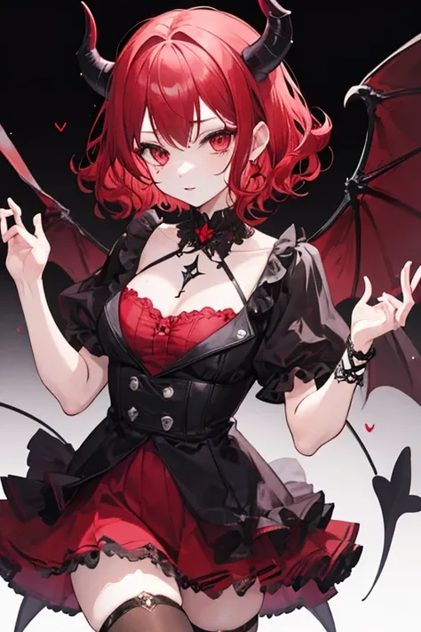 A demon girl with short hair, red and curly is dressed as a goth.