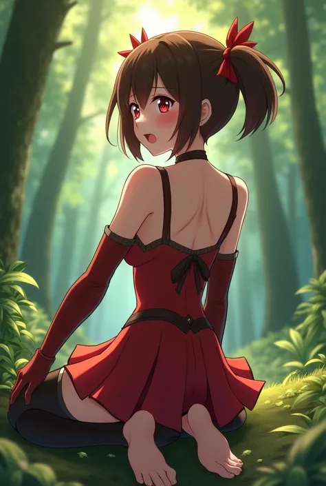 embarrassed, blushing, silicabase, brown hair, short twintails, red eyes, armor, short pleated skirt, thighhighs, bare shoulders, hair ribbon, 1girl, solo, red clothing BREAK , looking at viewer, outdoors, dense forest, dappled sunlight, depth of field, ci...