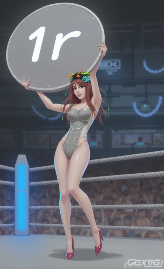 Create a realistic full-body illustration of a cyber-themed ring girl with an android-like appearance. She should be holding a round sign above her head that clearly displays "1R" or "2R" like a traditional ring girl in a boxing match. Her outfit should be...