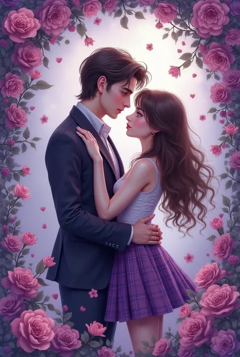 A handsome vampire boy and a very pretty brunette girl, An illustrated textured cover, and fantasy floral print, in pastel purple tones with the title of my book "games of destiny", with uniforms she plaid skirt 