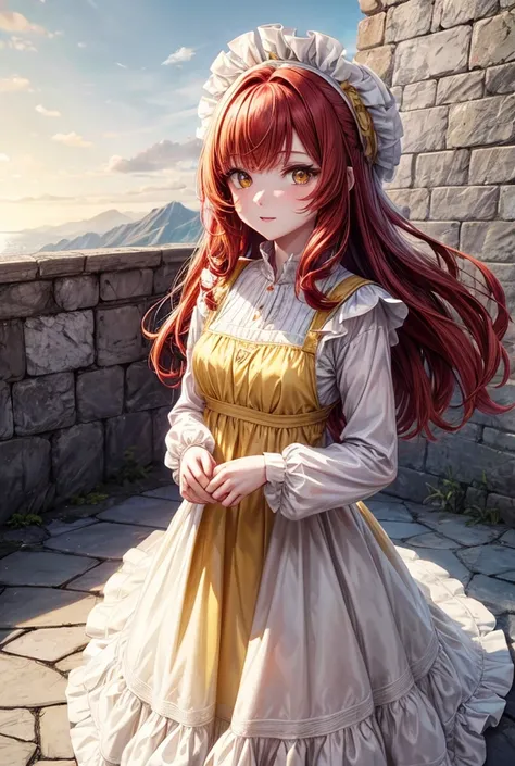 girl, Medium red hair and yellow eyes, peasant dress, white skin 