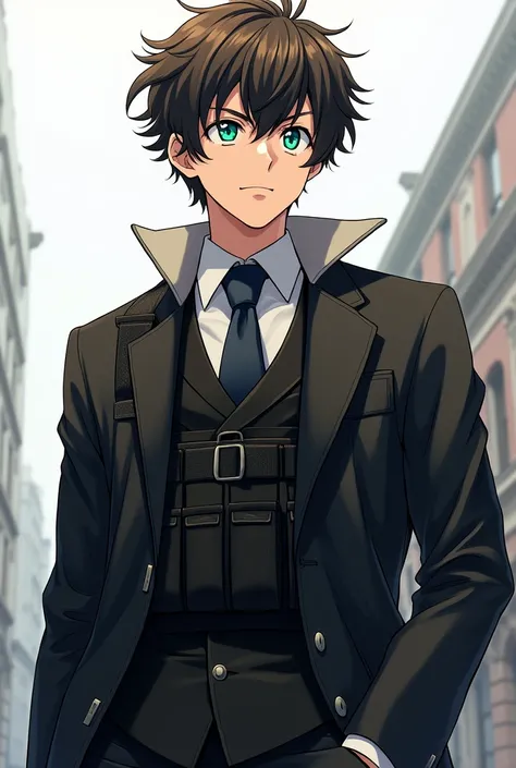 ,
Male
Son of Vladimir Makarov,
Short brunette curly-wavy hair
Heterochromia eyes left green and left blue
Black suit jacket and white dress shirt 
Black tactical vest,
Anime style