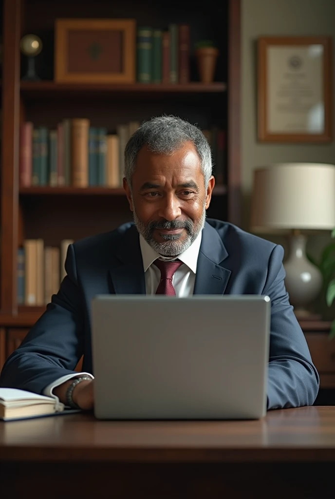 5 black teacher, Brazilian, in his office teaching an EAD Class, em seu nootbook, leave the monitor contents visible.  