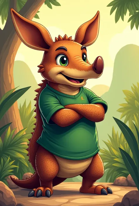 Create a mascot of an armadillo with arms crossed and wearing a green shirt