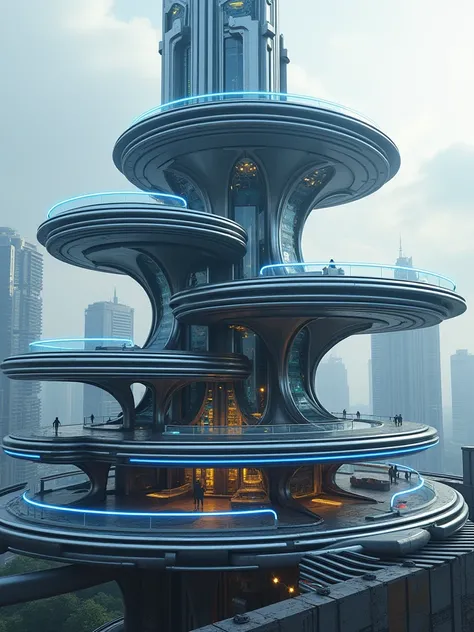 "Create a futuristic building and logo. The building should have sleek, metallic curves and a central tower inspired by a circular, layered design. Use a color palette of silver, dark blue, and grey, with glowing blue lights along the edges to emphasize it...