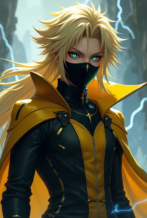 create me my own Kingdom Hearts character from the game Kingdom Hearts in the Art style of the creator Nomura. He should have black clothes with yellow accents, a mix of Axel and Riku, blond longer hair and turquoise eyes, a Face mask and let him have elec...