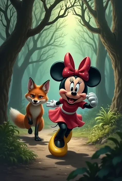 MINI MOUSE IN RED DRESS RUNNING AWAY WITH FEAR ON HER FACE, ESCAPES FROM A PISSING FOX, THEY ARE IN THE FOREST. DON&#39;T FORGET THAT MINI MUST BE SCARED AND AFRAID
