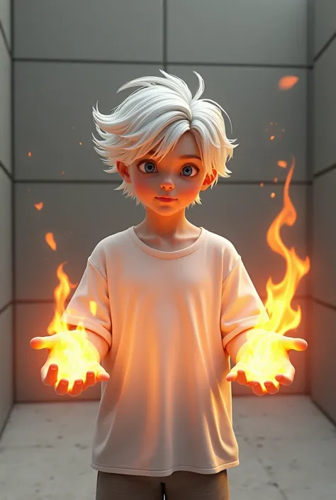 White-haired boy wearing a white loose T-shirt，Hands with flames，The background is a block，With flame atmosphere