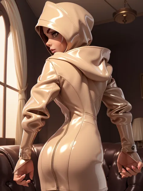 obra prima, melhor qualidade, (one woman, toni braxton,) ((((fuck me expression,)))) ((((head wrapped in dark cream hood,)))) (((wearing thigh length dark cream metallic pvc jacket,))) ((jacket is zipped up, jacket covers waist and ass,)) ((dark cream meta...