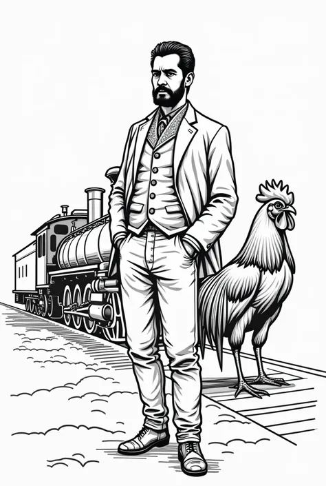 Emiliano Zapata with a fighting cock and a locomotive in front only outlined without color 