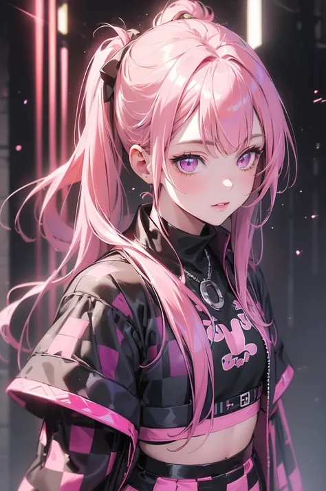 ((The best quality)), ((masterpiece)), (detailed), (4k), (8K), 1girl, beautiful anime girl, glowing face and skin, rostro detailed, aesthetic hands, light pink lipstick, light purple eyes, (long pink hair and bangs: 1,5), (half ponytail hairstyle), pink ca...