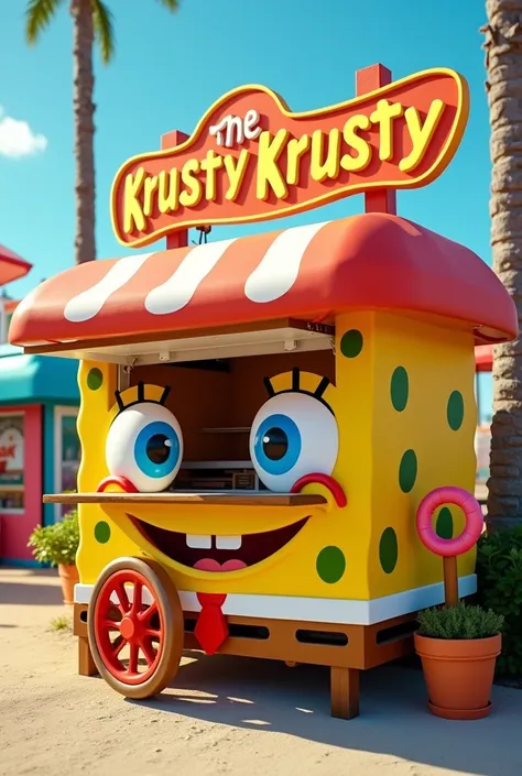 a small table to sell hamburgers with the name &quot;The Krusty Krusty&quot; with SpongeBob decorations