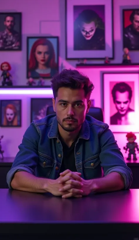 Young influencer man in front of a desk with his hands on the desk sitting in a gamer chair looking forward in a frontal position, purple neon lights reflecting on your face, in the background, a scene with pictures on the wall of Marvel heroes and classic...