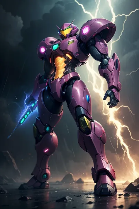 rain, arm_cannon, power_suit_(metroid), solo, no_humans, samus_aran, science_fiction, power_armor, weapon, robot, glowing, mecha, lying