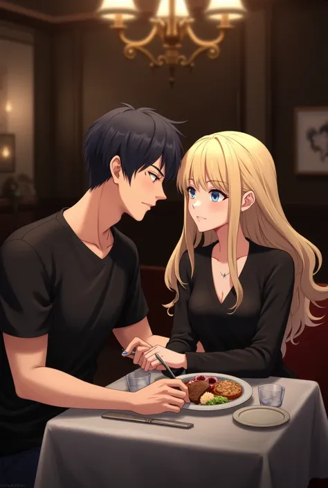 Couple in a Restaurant. He has black short hair and she has blond hair and blue eyes. She wears a black blouse. He a black t-shirt.