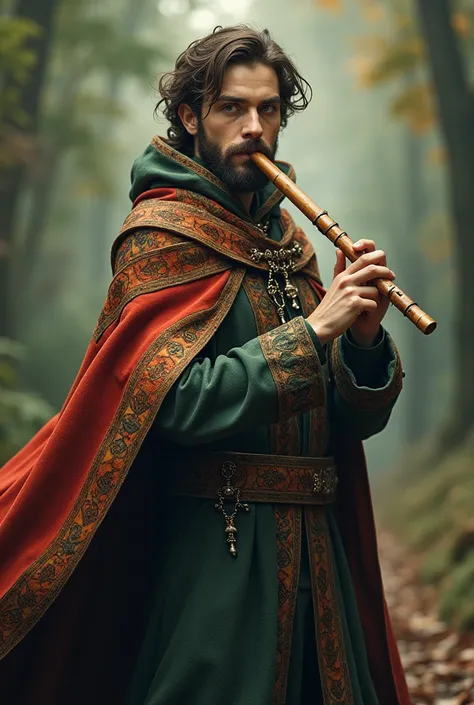 A Pied Piper, with a flute, a Cape, beardless in frontal position