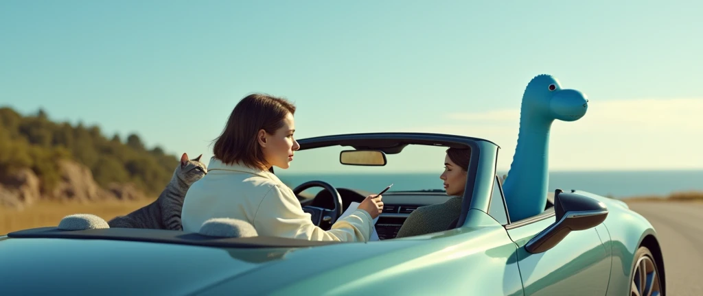 A beautiful German girl with medium hair without bangs in an oversize white jacket, driving a Lexus 570 model with an open roof along the embankment, against the background of the sea in good summer weather, a gray-white cat sits sideways to the viewer in ...