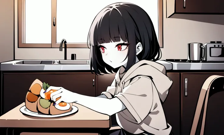 one girl, masterpiece, white skin, red eyes, shoulder length very fuffly shaggy black hair, fluffy bangs, kinda wolfcut hairstyle, long colorless nails, long eyelashes, slanted serious eyes, half closed brown hoodie with ziper, half visible loose white t-s...