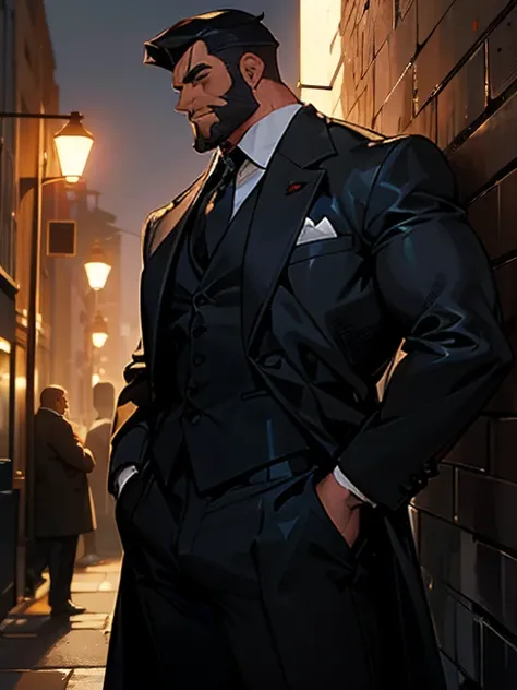 A tall man with a wide burly build. Bulging muscles. Bodybuilder physique. A handsome gentleman with a suit and tie. Tight fitting clothes with a trench coat. 1918 city alleyway backdrop. Night time. Short black hair and short beard. Vampire king.