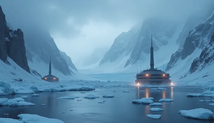 "Antarctic landscape with mysterious phenomena, glowing lights beneath the ice, and research stations, in UHD with cinematic lighting."