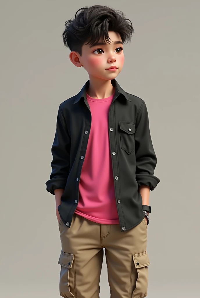  boy who is 1.60, with a long-sleeved black shirt that covers a pink t-shirt and also has beige cargo pants 