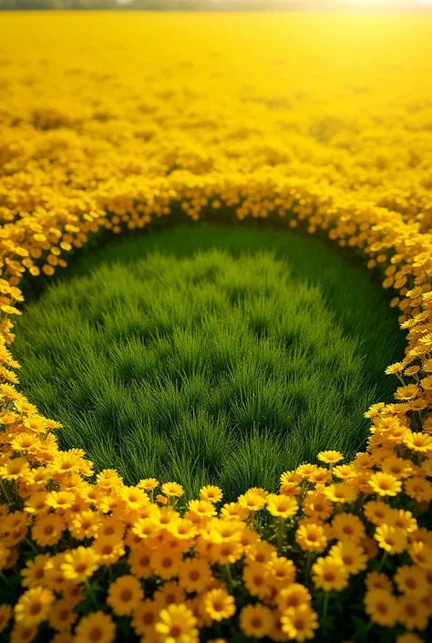 Yellow flowers field with a green circle of grass in the center, view from the top