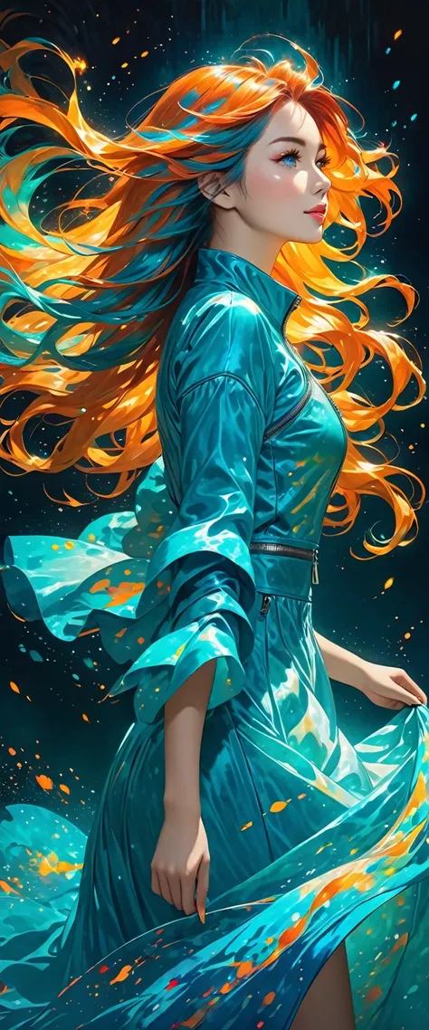 The image depicts a person with long, flowing hair that transitions from dark to vibrant shades of blue and teal. The hair appears to shimmer with light, giving it a dynamic, almost fiery appearance. The person is wearing a light-colored dress with a zippe...