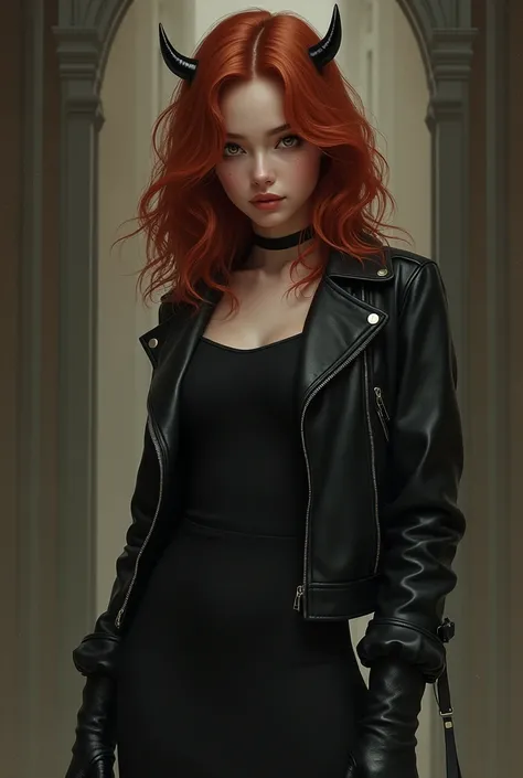 Beautiful girl with medium wavy red hair, with hazel eyes, white tea, dressed in a black dress, leather jacket, BOOTS, horned