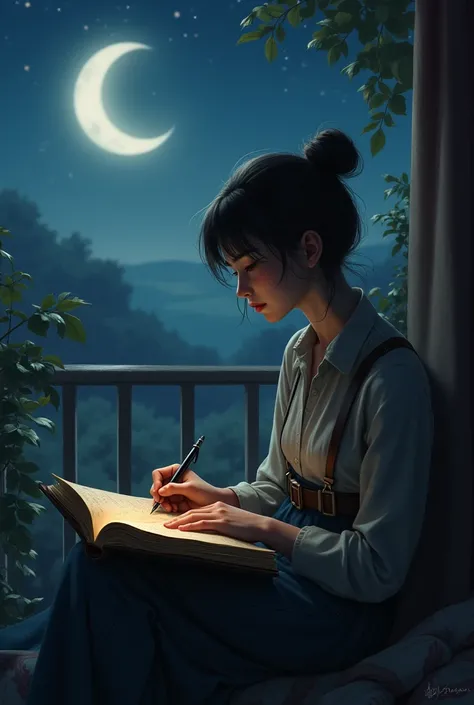 Crescent moon image, Person writing in a journal