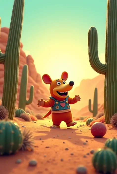 Create a scene with cacti from the backlands,armadillo mascot ball and the sun