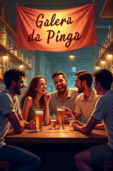 Create an image with people drinking at a bar table and a banner saying Galera da Pinga