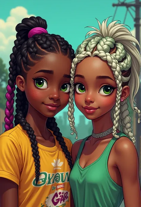 Boy with African braids, fuchsia highlights, green eyes and light skin next to his friend, a girl with dark skin, green eyes and white and light green African braids with Marvel comic panel tentacles 