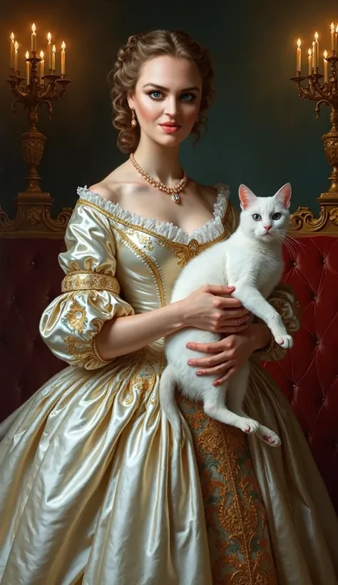 Vue de face, regardant le spectateur, corps entier, tenant un chat blanc, (chat bleu russe, yeux bleus, cheveux flottants), française, nommée Jeanne Antoinette Poisson Madame de Pompadour, 24 ans, (cheveux châtain clair, tous bouclés sur les côtés, Yeux bl...