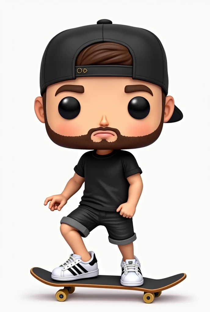 Create a funko pop style image white man with a rounded face wearing a short beard is wearing a black cap, wearing a t-shirt and black denim shorts he is wearing white sneakers with Adidas symbols and is riding a skateboard 