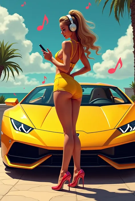 Realistic image fiction. A buxom woman in very tight, very elegant clothes with stiletto heels has headphones on and is dancing next to a very bright, luxury, yellow, shiny crystal sports car looking at her iPhone phone . Large bright musical notes of many...