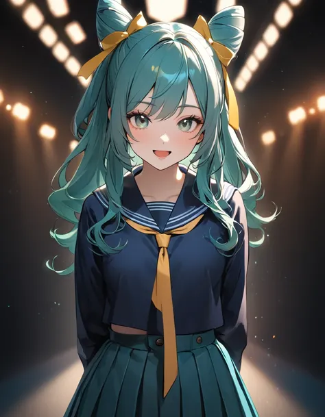 (8K, best quality, master piece: 1.2),super high resolution,1igirll,solo,16yo,ultra-detailed face,ultra-detailed eyes,brown eyes,mascara, orange eyeshadow,(cone hair bun:1.4),turquoise green hair,swept bangs,Dark Blue long sleeves sailor uniform,Blue long ...