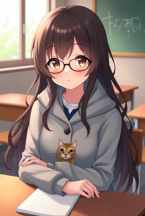 Brunette anime girl wearing glasses with a gray coat with a kitten face printed in the middle of the coat and jeans sitting at a desk in a classroom looking at the user discreetly a little blushing