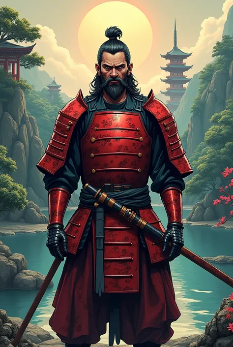 Anime style. Fantasy. ancient japan. make a red armored ronnin looking forward