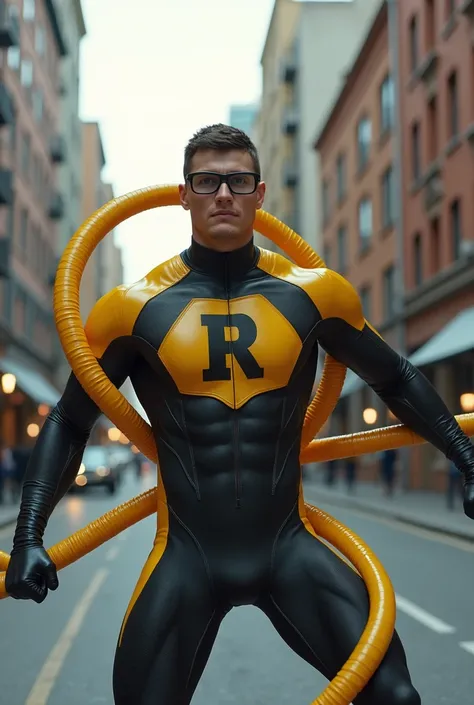 There is a hero whose body is flexible, and his costume is a sleek, form-fitting suit made of a special material for flexibility, in a distinctive black and yellow color with golden accents. And he wears black glasses There is a rubber symbol in the middle...