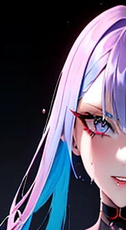 In an intriguing cyberpunk anime style, depict Lucy, a captivating 1girl with blue hair and colored tips, her hair flying upwards, framing her mesmerizing grey eyes. She wears a white jacket, her medium hair expertly styled with parted bangs and bangs fall...