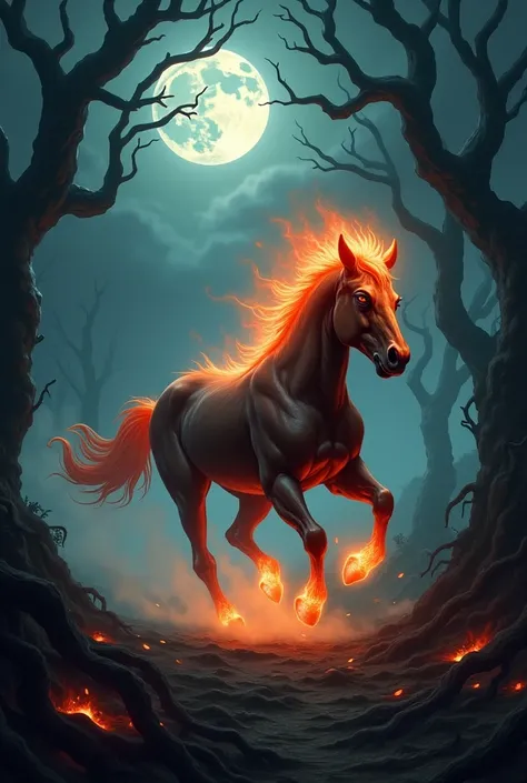 "A haunting depiction of the Mula Sem Cabeça, a headless horse-like creature from Brazilian folklore. The creature has flames erupting from its neck where the head should be, galloping through a dark, eerie forest at night. The landscape is shrouded in mis...