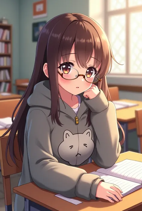 Brunette anime girl wearing glasses with a gray coat with a kitten face printed in the middle of the coat and jeans sitting at a desk in a classroom looking at the user discreetly a little blushing