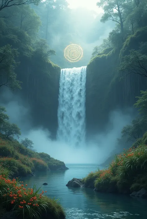 Forest with a waterfall, water with mist and dense fog and land on the sides with plant shoots and flowers, ethereal in shades of blue and brown with a spiral symbol in the middle