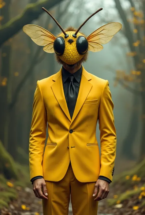 Man with bee mask in yellow suit 