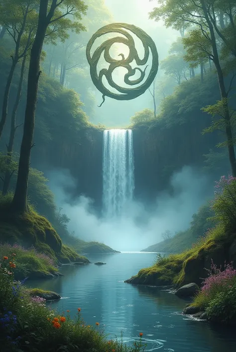 Forest with a waterfall, water with mist and dense fog and land on the sides with plant shoots and flowers, ethereal in shades of blue and brown with Celtic spiral symbol in the middle