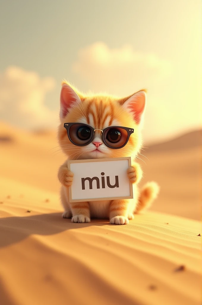 A baby cat wearing sunglasses holding a white board with the text: miu, sitting on a golden dune