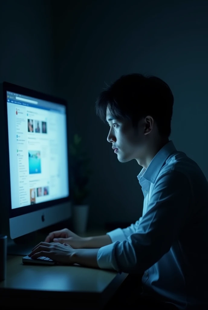 Japanese man using a pc、Dark Room、Monitor light、sns